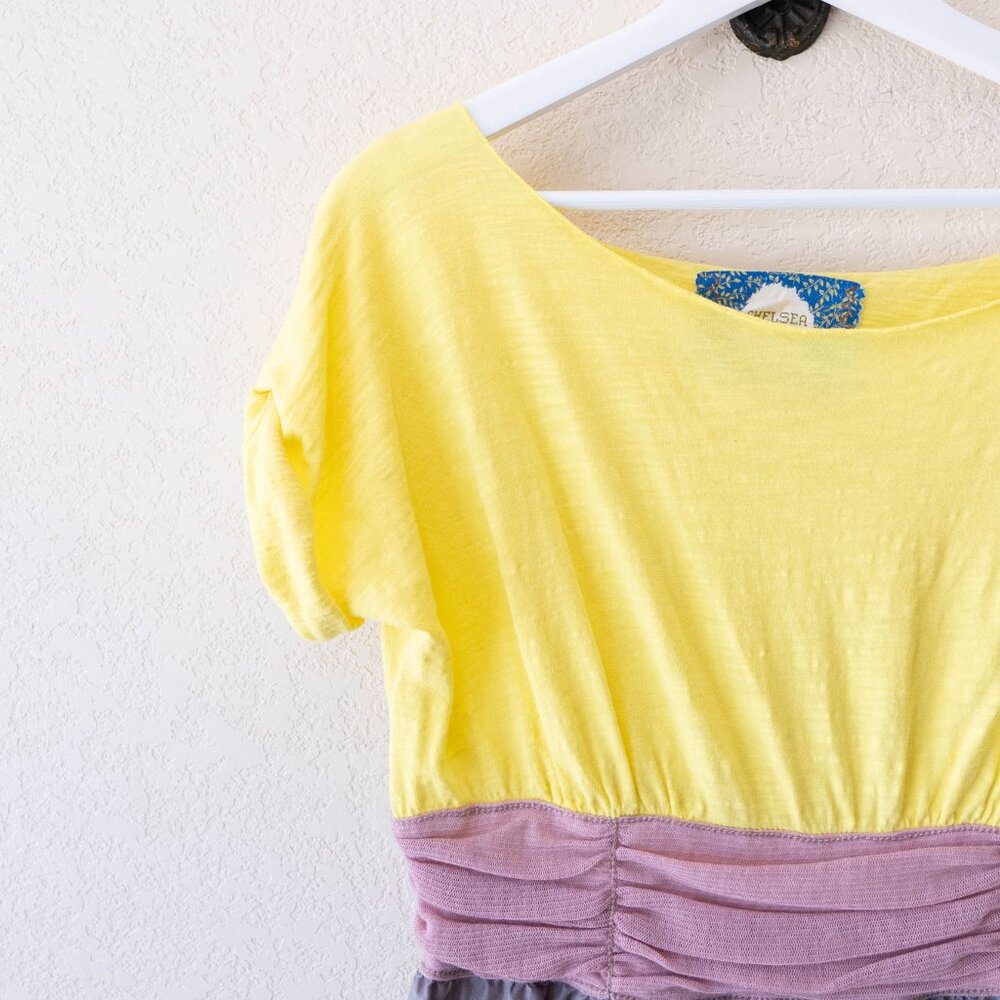 Chelsea & Violet Floral Dress L Yellow Gray Colorblock Boho Short Sleeve - Picture 3 of 12